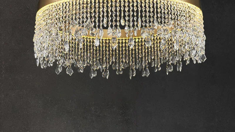 Modern LED crystal chandelier installed in a living room