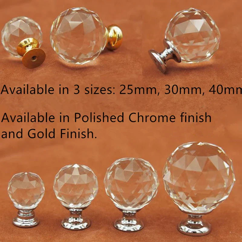 Clear Crystal Cabinet Knobs – Chrome & Gold Base Glass Drawer Pulls in 20mm 25mm 30mm 40mm Knob