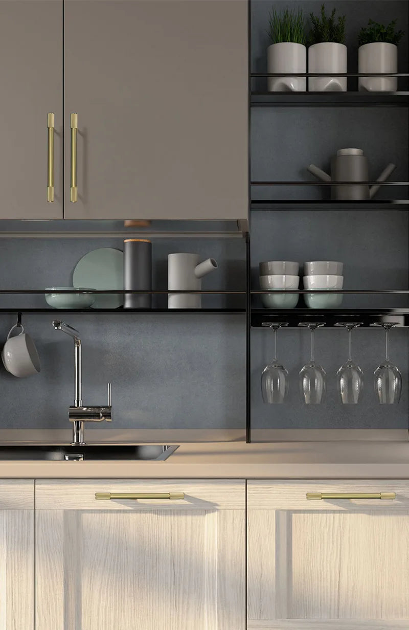 Solid Brass Knurled Cabinet Handles – Satin Gold Long Wardrobe Bar Pulls and Drawer T-Bars Handles