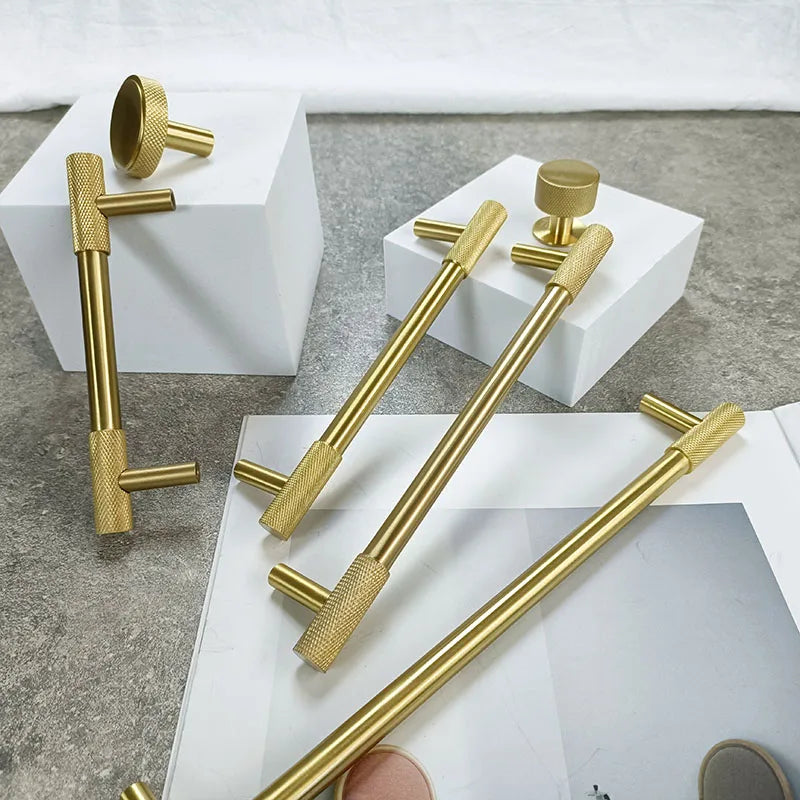 Solid Brass Knurled Cabinet Handles – Satin Gold Long Wardrobe Bar Pulls and Drawer T-Bars 544mm(contact us) / 1 piece