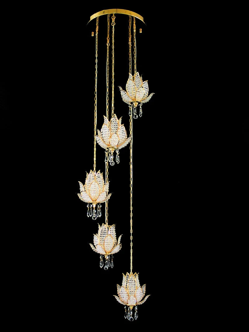 Hanging gold crystal chandelier set with multiple lotus-shaped light fixtures