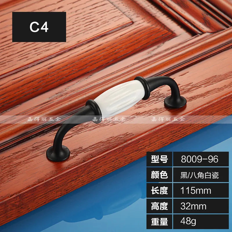 European Ceramic Cabinet Handles – Black and White Wardrobe Drawer Pulls for Kitchen and Furniture C4-8009-96 Handles