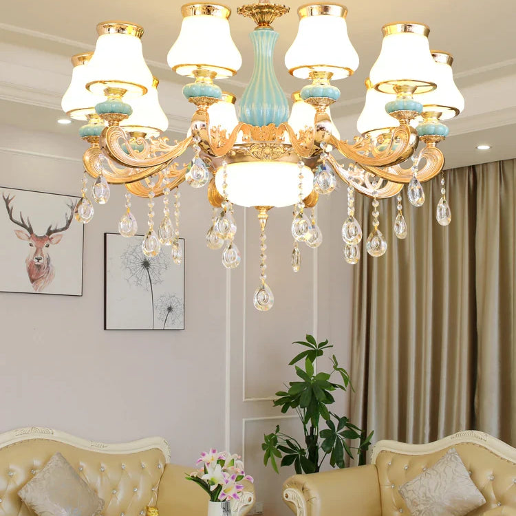Elegant Blue Ceramic European Crystal Chandelier - Perfect For Living Rooms Dining And Bedrooms