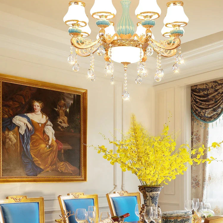 Elegant Blue Ceramic European Crystal Chandelier - Perfect For Living Rooms Dining And Bedrooms