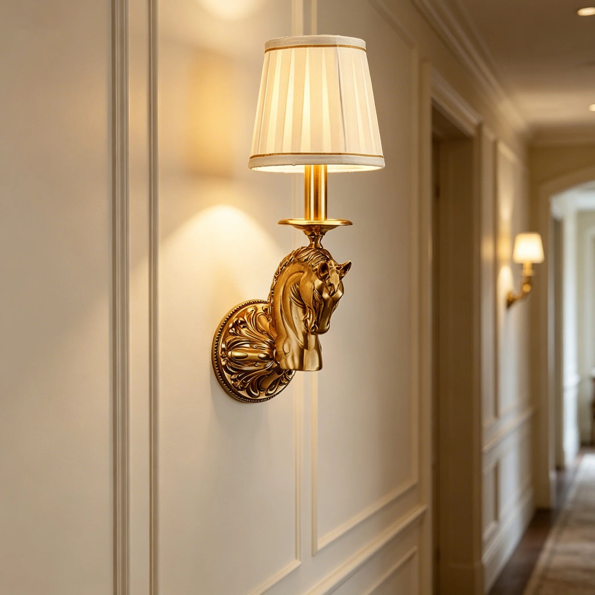 Decorative wall sconce with copper finish horse head and beige fabric drum shade
