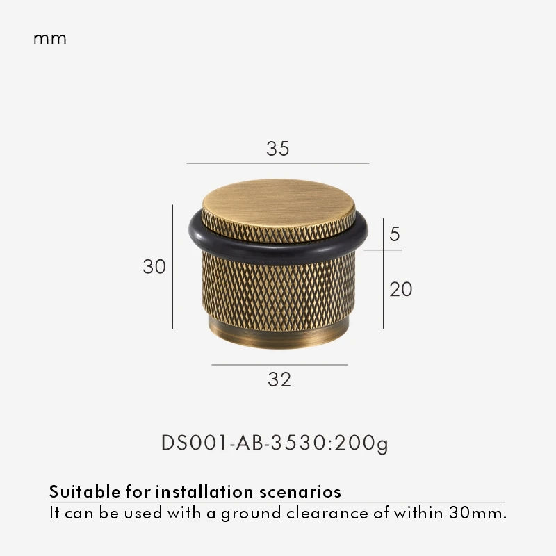 Brass adjustable door stop diagram: 35 mm diameter, 30 mm height, black ring