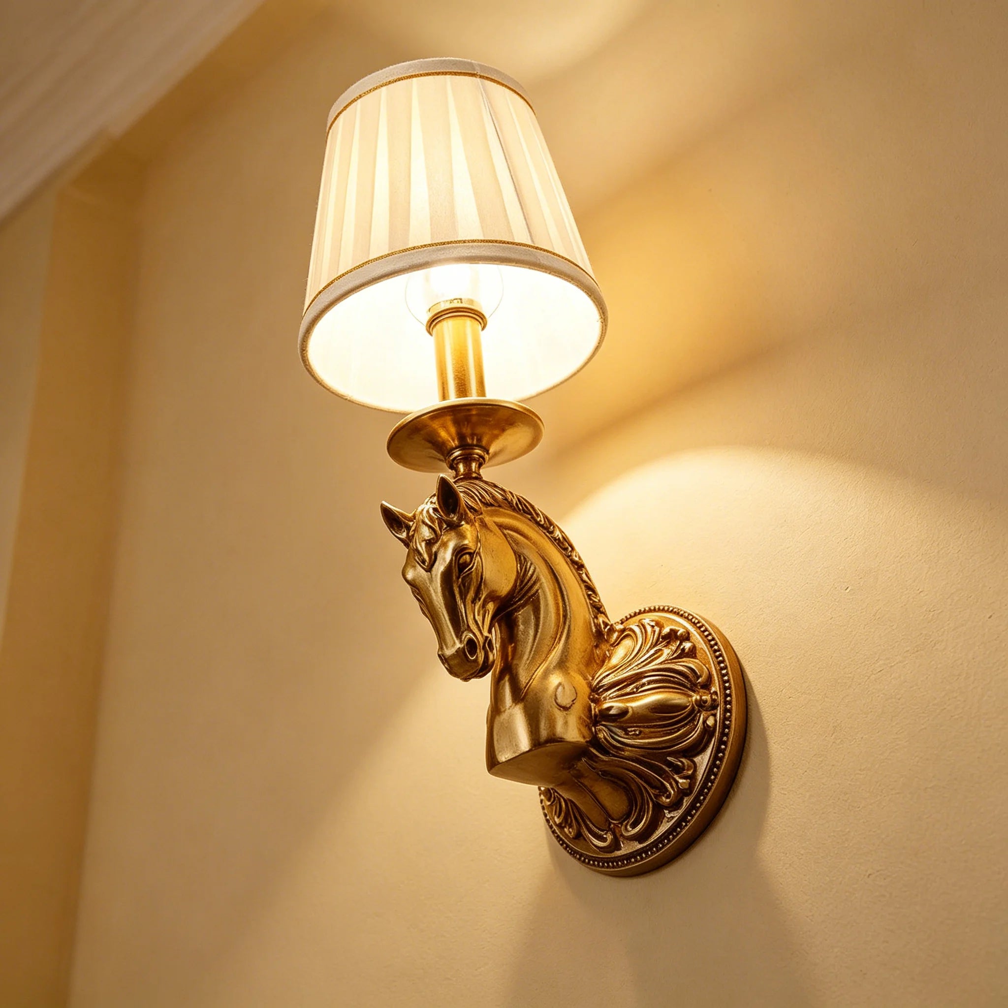 Decorative copper wall light with horse head relief and beige drum fabric shade
