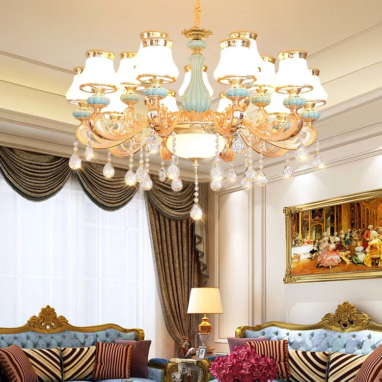 Elegant Blue Ceramic European Crystal Chandelier - Perfect For Living Rooms Dining And Bedrooms