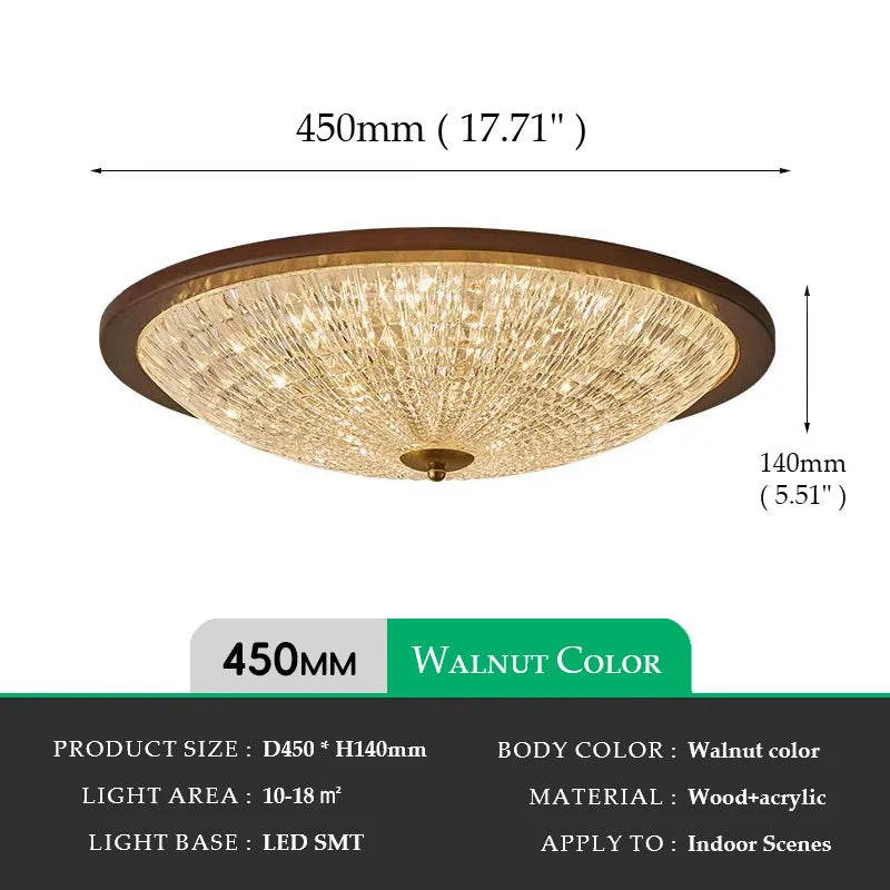 Flush-mount ceiling light, walnut frame: 450mm diameter, 140mm height; clear acrylic