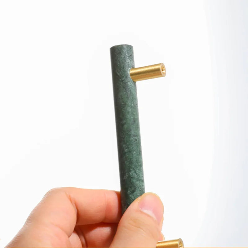 Green and White Marble Cabinet Handle – Luxury Natural Stone Drawer Pulls with Brass Base (50mm-200mm) Handles