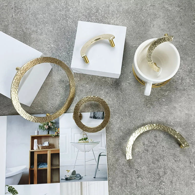 Round Hammered Brass Wardrobe Handles – Modern Knobs for Drawers Dressers and Cabinets (Circle & Semi-Circle) Handles