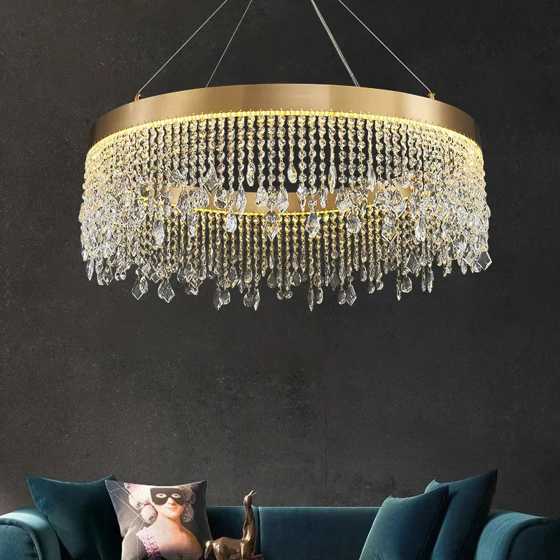 Modern LED crystal chandelier installed in a living room