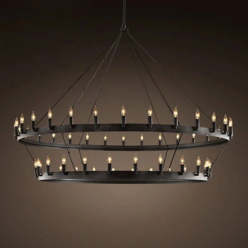 Vintage industrial iron pendant lamp in a cafe interior
