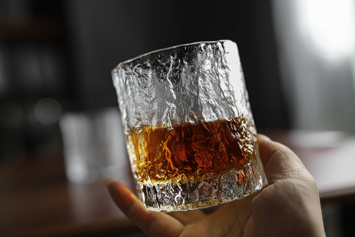 Hammered crystal rocks glass held by hand, with amber drink inside.