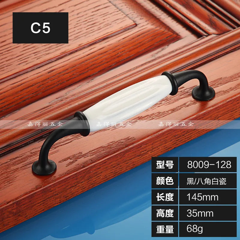 European Ceramic Cabinet Handles – Black and White Wardrobe Drawer Pulls for Kitchen and Furniture C5-8009-128 Handles