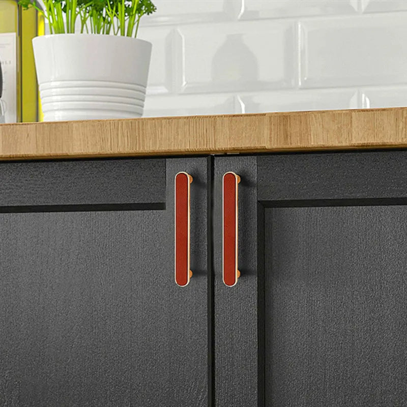 Modern Leather and Zinc Alloy Cabinet Handle – Elegant Drawer Pulls for Kitchen Wardrobe and Furniture (96mm) Handles