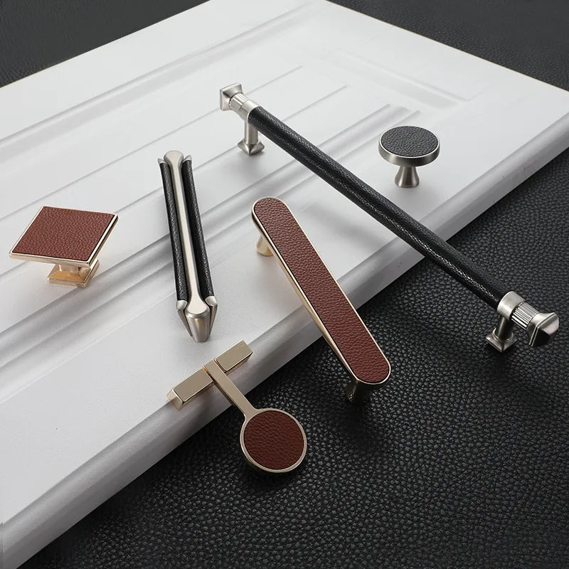 Modern Leather and Zinc Alloy Cabinet Handle – Elegant Drawer Pulls for Kitchen Wardrobe and Furniture (96mm) Handles