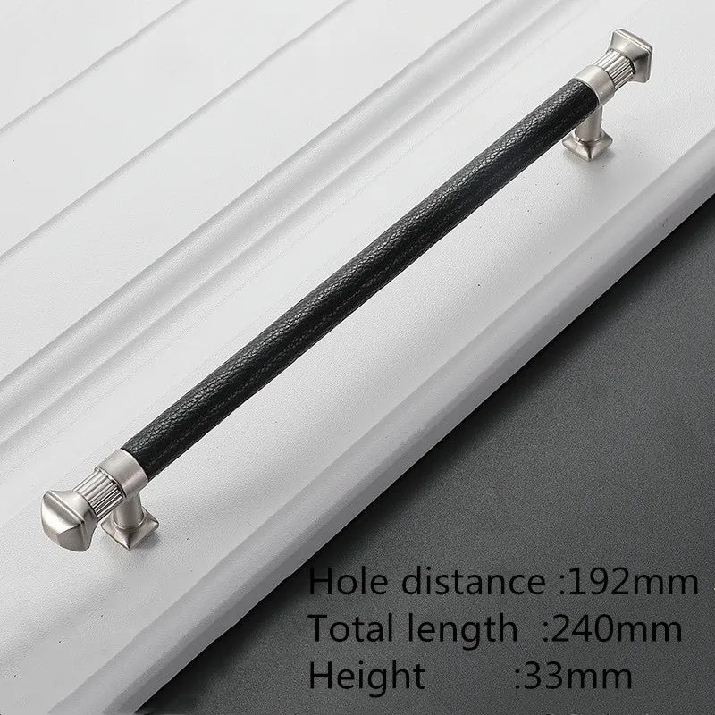 Modern Leather and Zinc Alloy Cabinet Handle – Elegant Drawer Pulls for Kitchen Wardrobe and Furniture (96mm) black