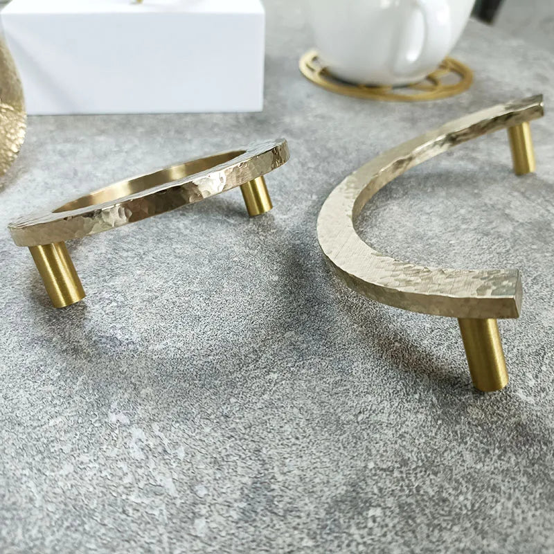 Round Hammered Brass Wardrobe Handles – Modern Knobs for Drawers Dressers and Cabinets (Circle & Semi-Circle) Handles
