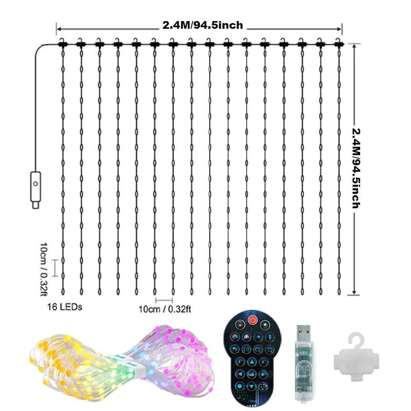 APP Controlled 16 Million Colors RGB LED Curtain Lights Holiday Party Decoration 2.4x2.4m-256LED holiday lighting