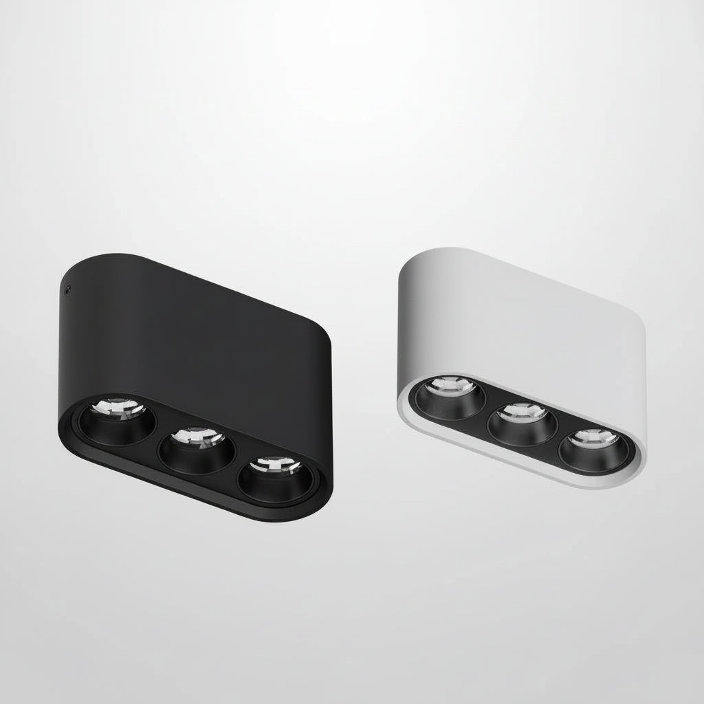 Linear surface-mounted LED ceiling spotlight, black and white housings with three spots