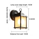 Black outdoor wall lantern light dimension diagram with mounting distance and height