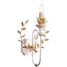 Iron candle sconce with clear LED bulb, gold leaf ring, and textured back plate