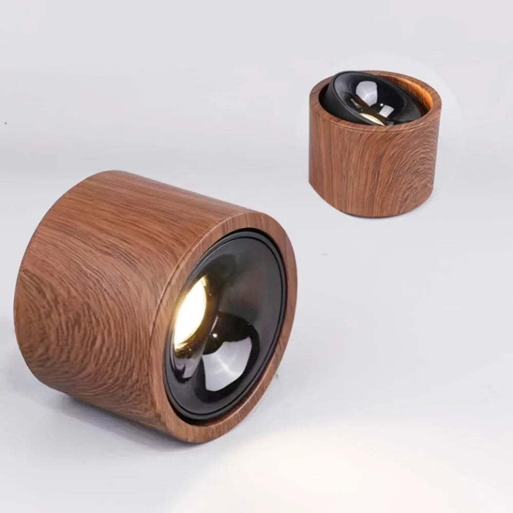 Walnut wood-grain LED spotlights, cylindrical housing with dark lens and chrome face