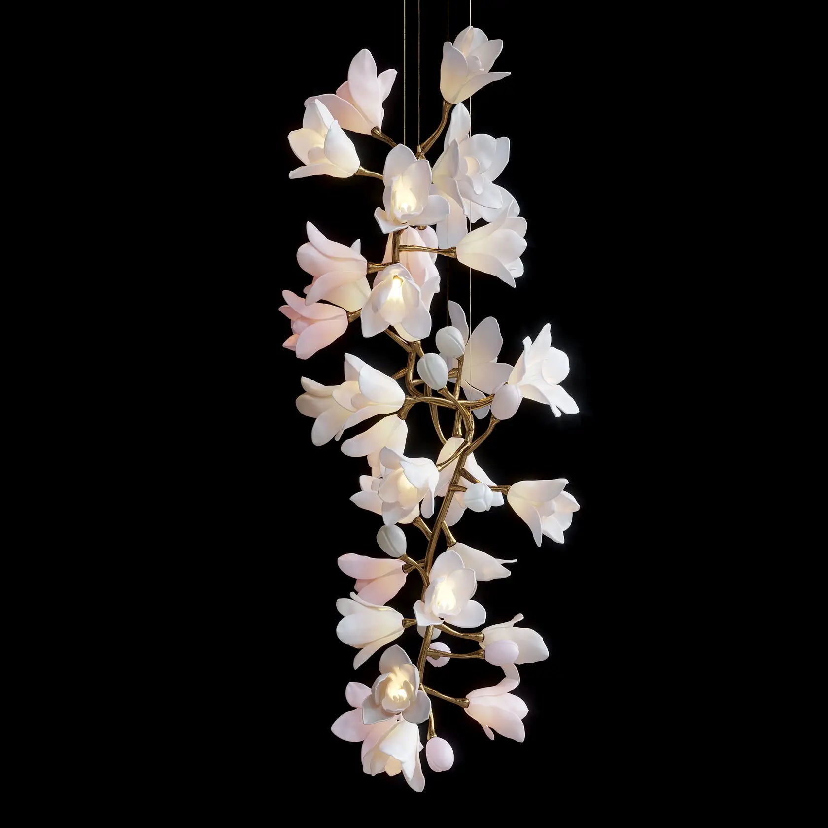 Small ceramic flower chandelier with glowing white petals and gold metal leaf branches