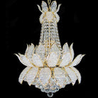 Lotus-inspired gold crystal chandelier with clear faceted petals and crystal drops