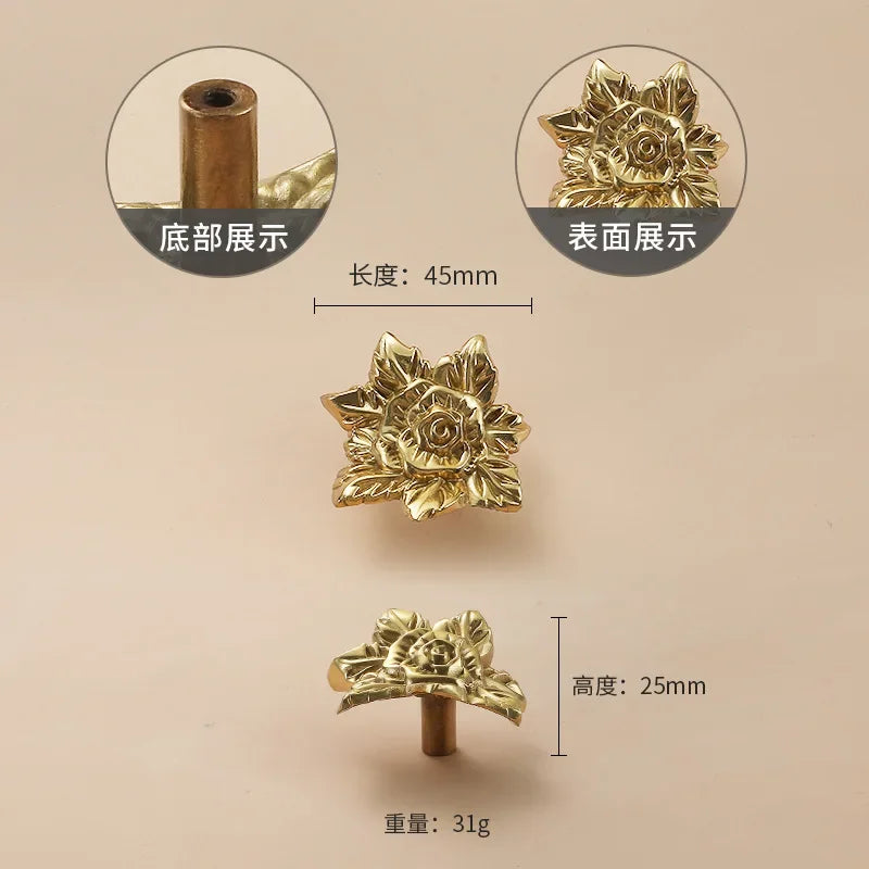 Luxury Brass Flower and Leaf Cabinet Handles – Chinese-Style Decorative Pulls for Wardrobes and Drawers 3 / 1 piece