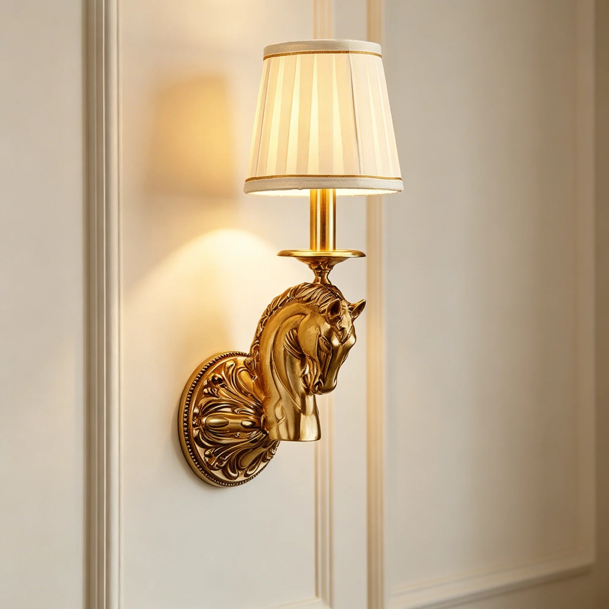 Decorative wall sconce with copper horse-head detail and beige fabric drum shade
