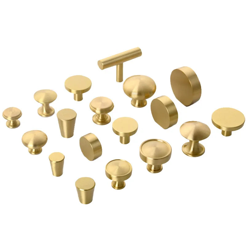 Modern Pure Brass Cabinet Handles - Single Hole Brushed Gold Drawer Knobs for Kitchen and Wardrobes Knonbs