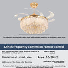 Crystal ceiling fan light with gold finish, clear blades, and remote control
