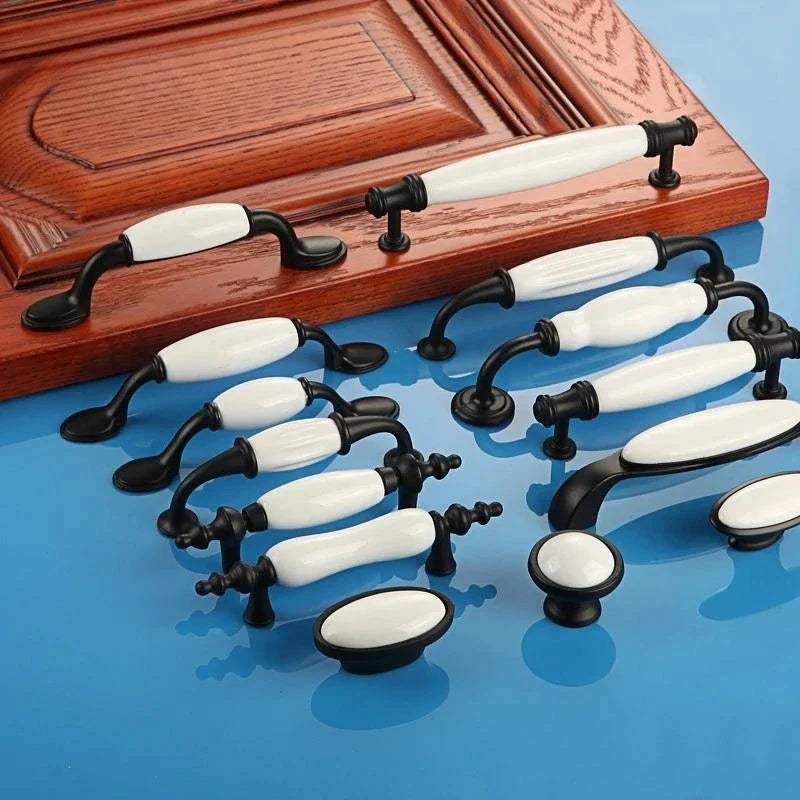 European Ceramic Cabinet Handles – Black and White Wardrobe Drawer Pulls for Kitchen and Furniture Handles