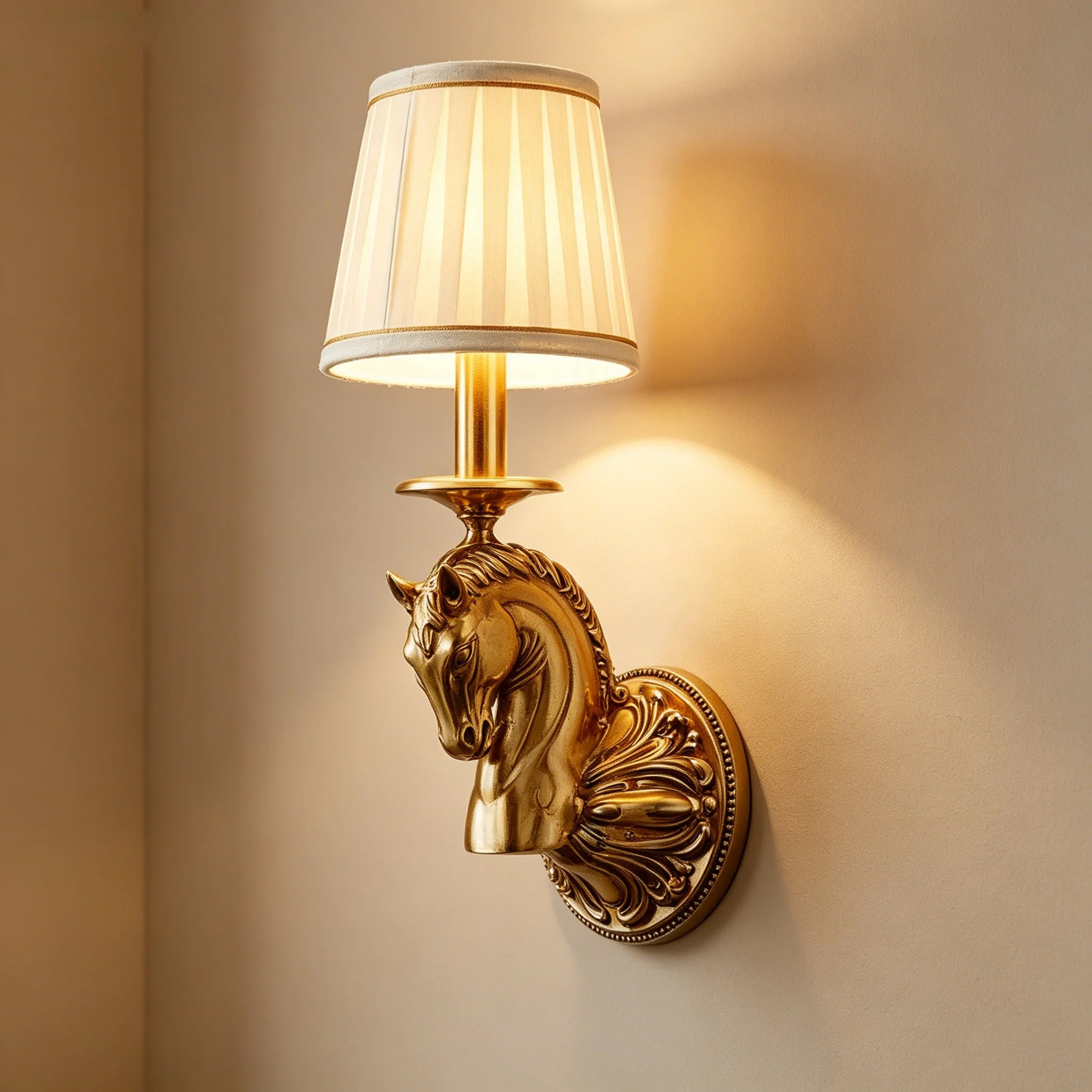 Decorative copper wall sconce with horse head ornament and beige fabric drum shade