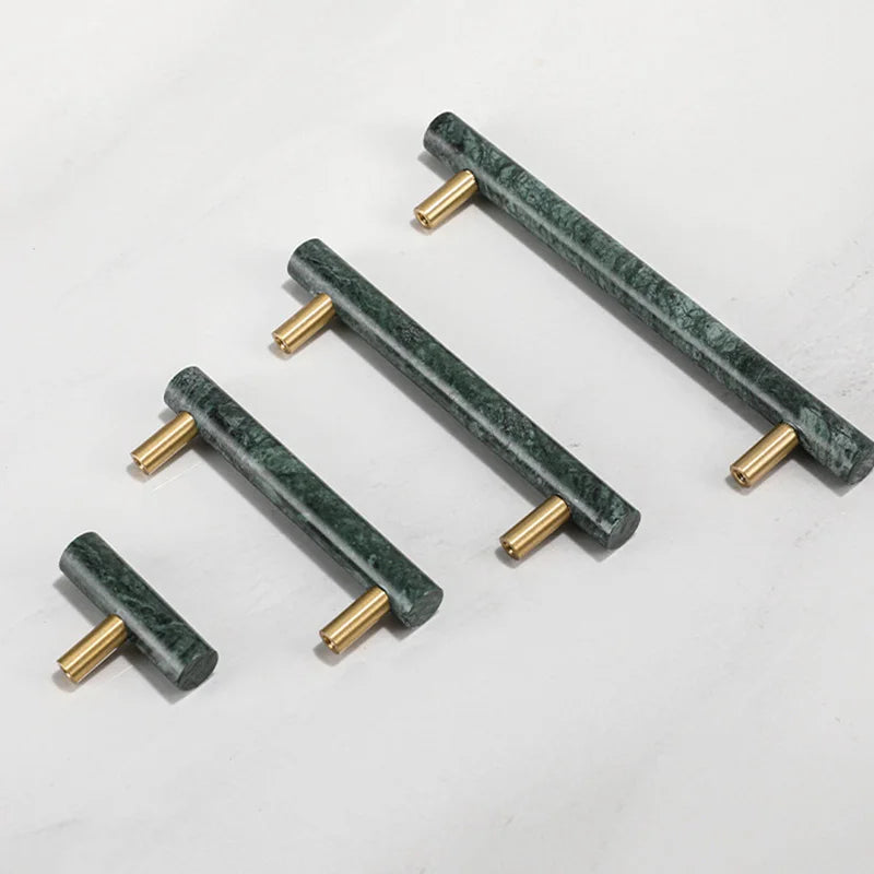Green and White Marble Cabinet Handle – Luxury Natural Stone Drawer Pulls with Brass Base (50mm-200mm) Handles