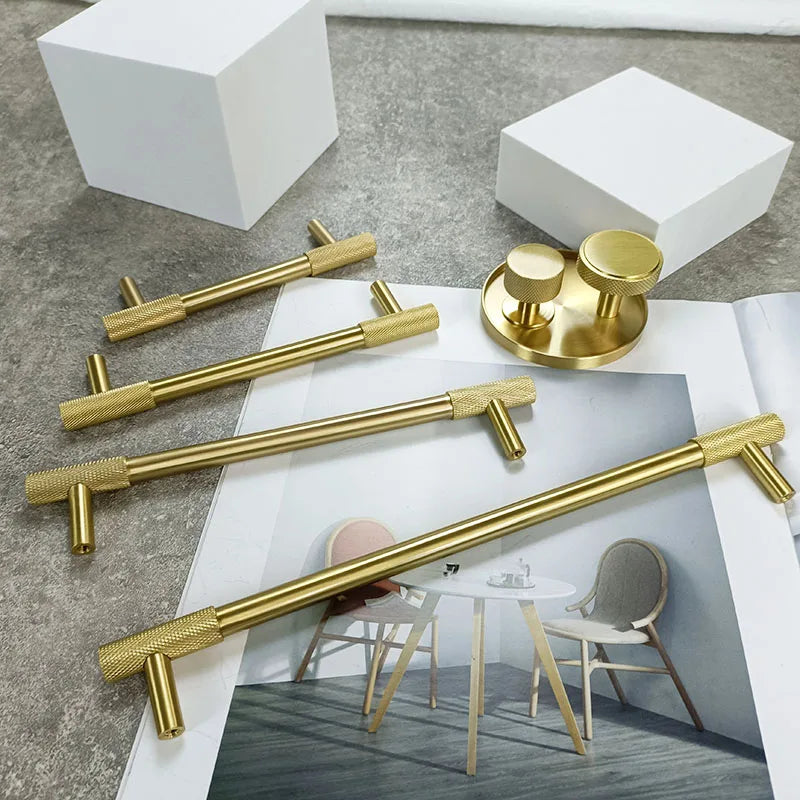 Solid Brass Knurled Cabinet Handles – Satin Gold Long Wardrobe Bar Pulls and Drawer T-Bars Handles