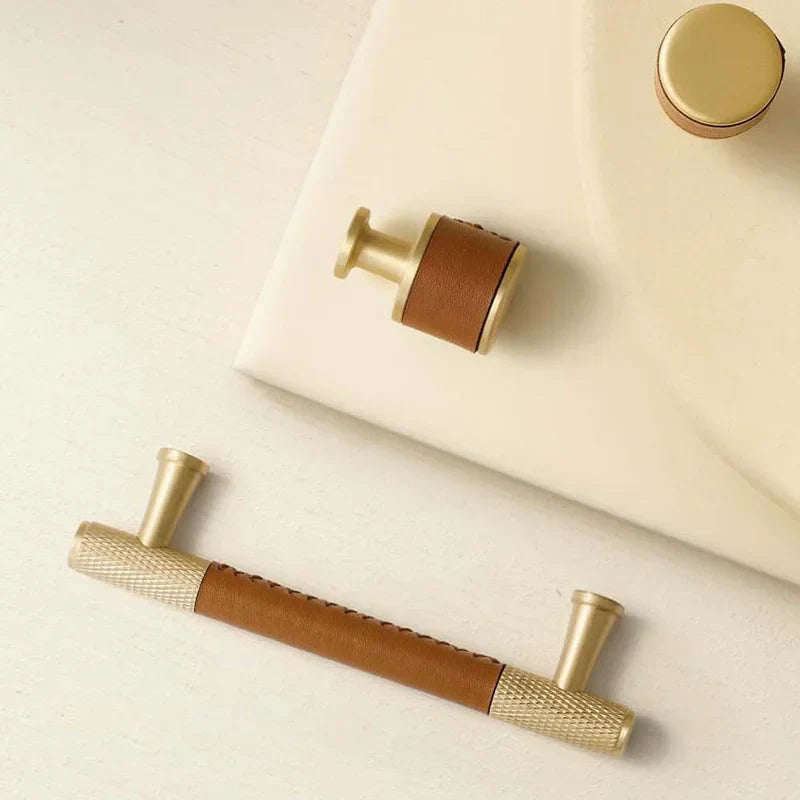 Brown/Black Leather Handles – Brass Knurled Cabinet Bar Handles and Furniture Knobs Handle